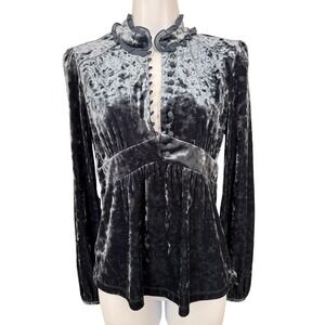 Vintage Crushed Velvet Babydoll Blouse Gray Long Sleeve Button Front Small